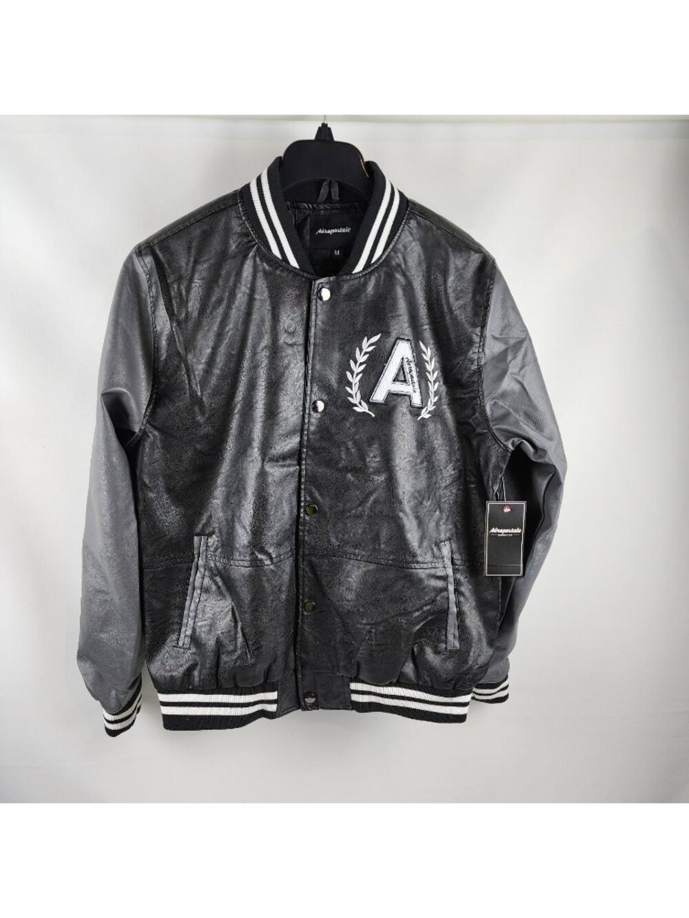 Aeropostale Jacket Mens M Black Varsity Snap Bomber Logo NWT